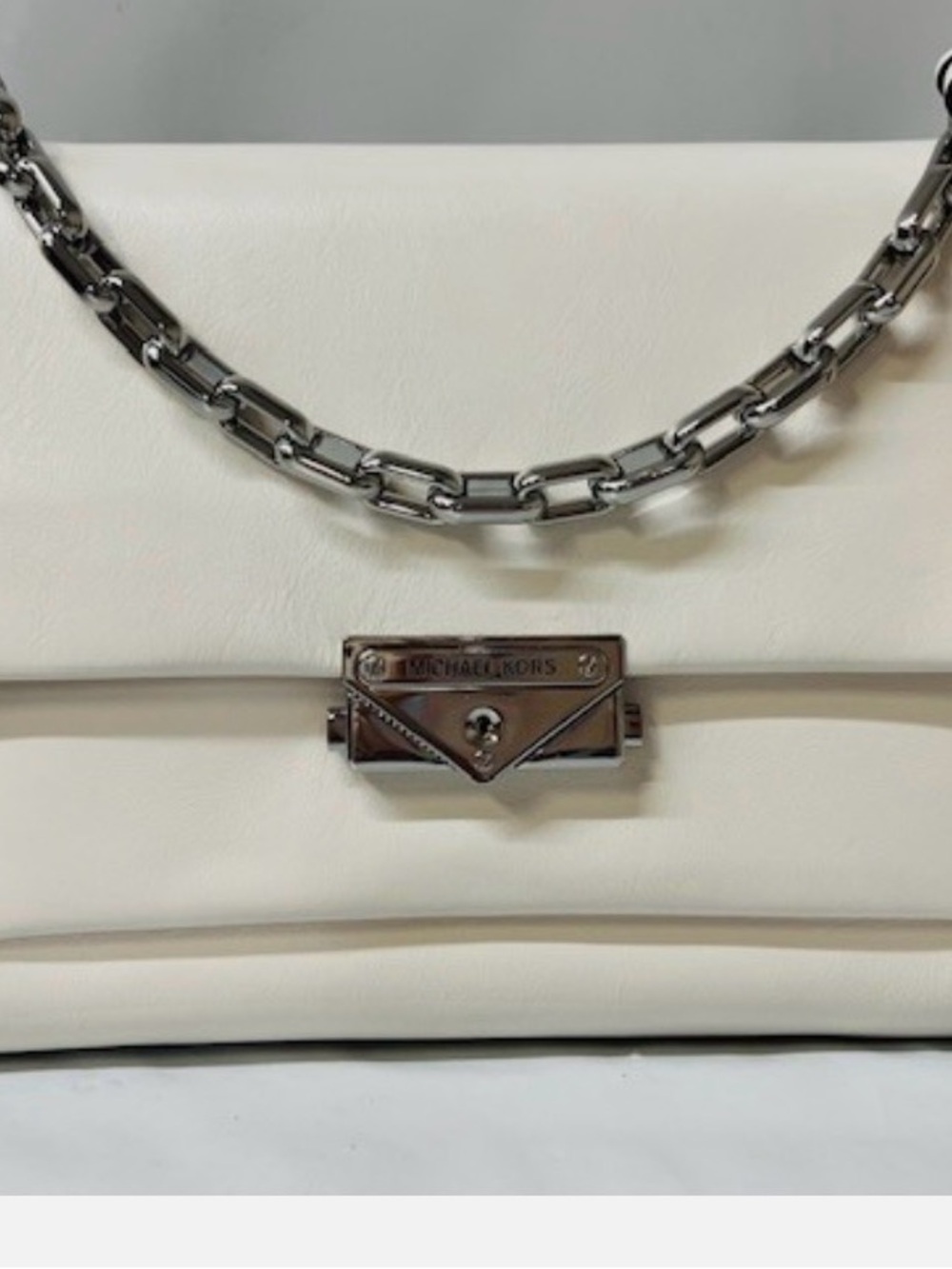 MK Cece Large Cream Leather Shoulder Bag with Silver Chain